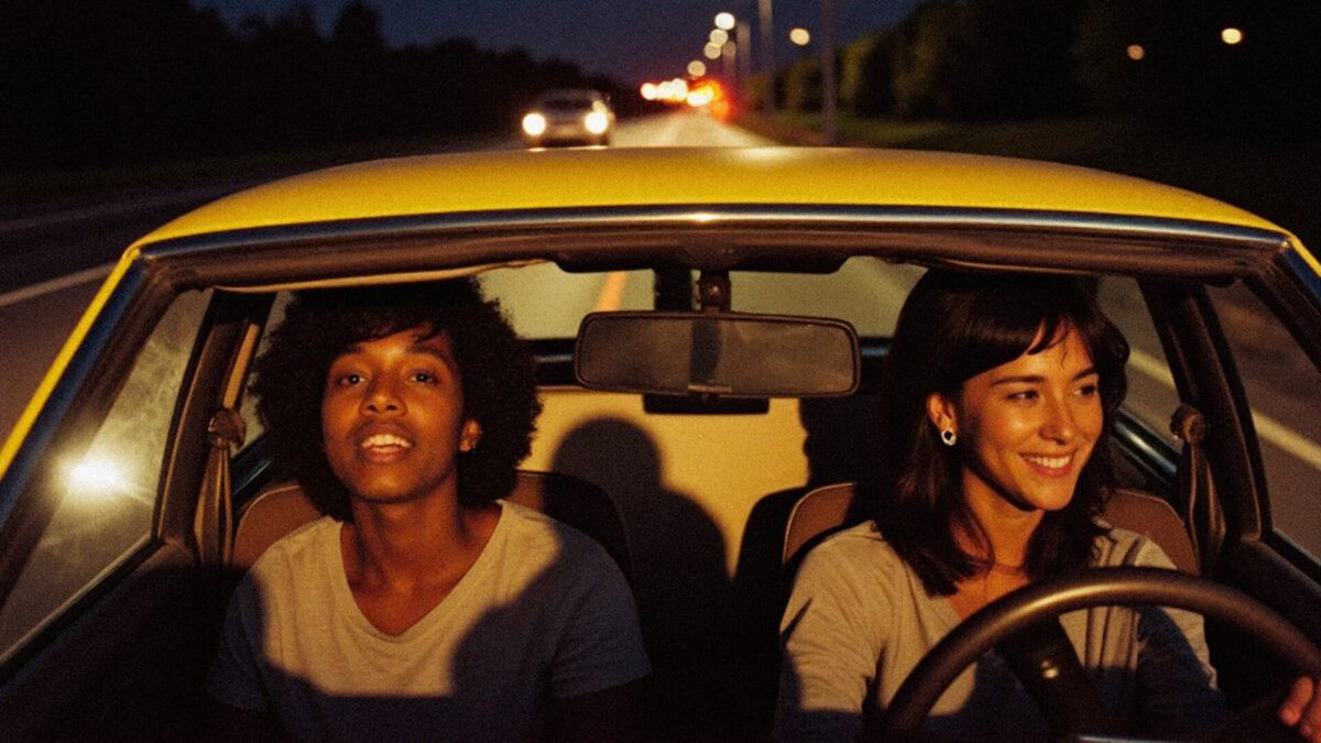 People carpooling together at night, sharing a ride